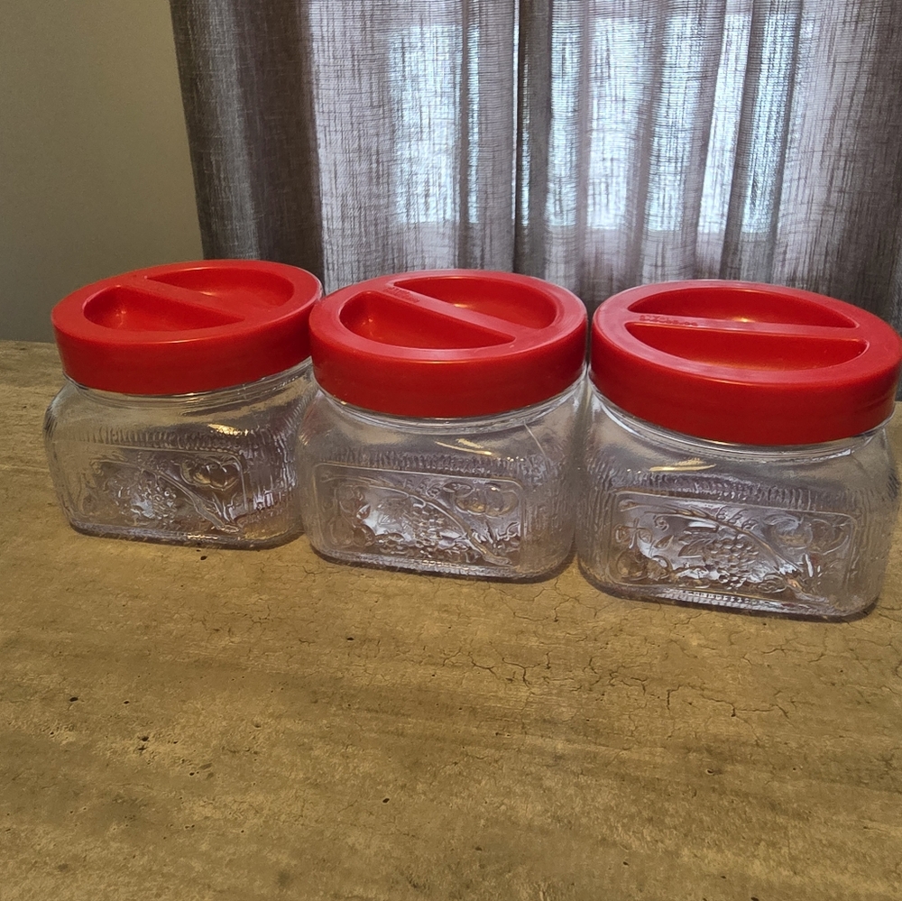 Vintage Borgonovo glass canisters with red plastic lids ITALY Set Of Three